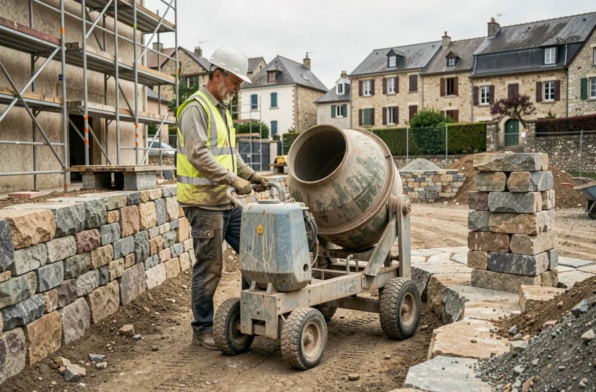 Ouvrier de Top.Maçonnerie travaillant sur un chantier de maçonnerie et gros oeuvre à Vals-près-le-Puy