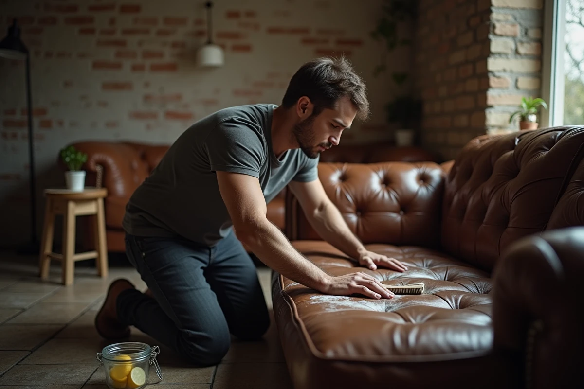 Homme appliquant une pâte de bicarbonate de soude sur un canapé en cuir moisi dans un appartement vintage