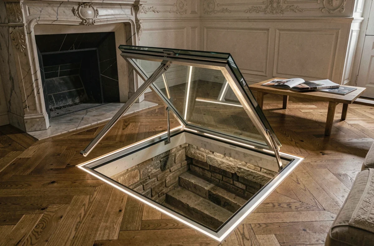 Trappe de cave en verre ouverte dans un parquet en point de Hongrie d'un appartement haussmannien rénové, révélant un escalier en pierre vers une cave