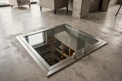 Trappe de cave en verre trempé encastrée dans un sol en béton poli avec cadre en acier inoxydable brossé, révélant une cave à vin en dessous