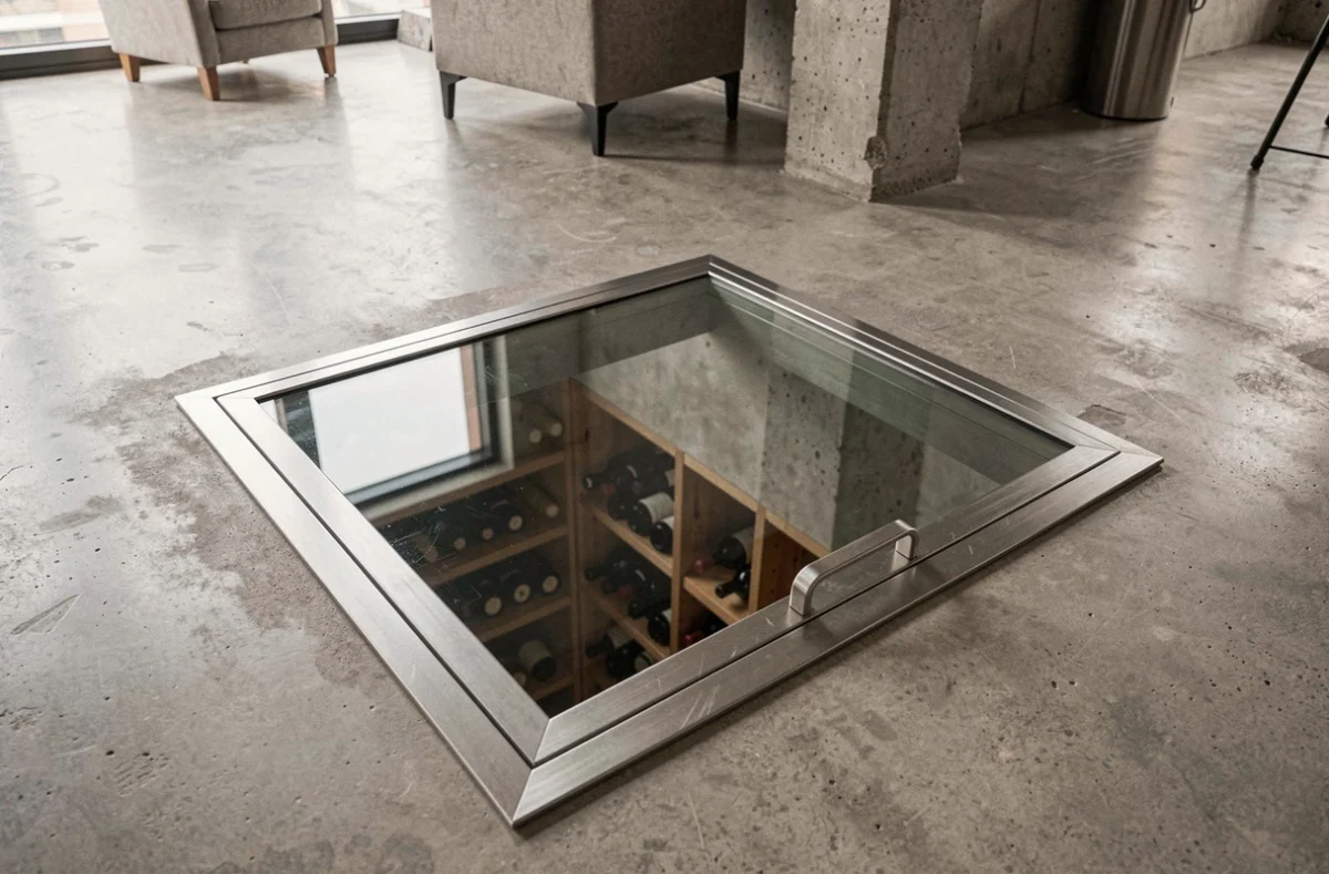 Trappe de cave en verre trempé encastrée dans un sol en béton poli avec cadre en acier inoxydable brossé, révélant une cave à vin en dessous