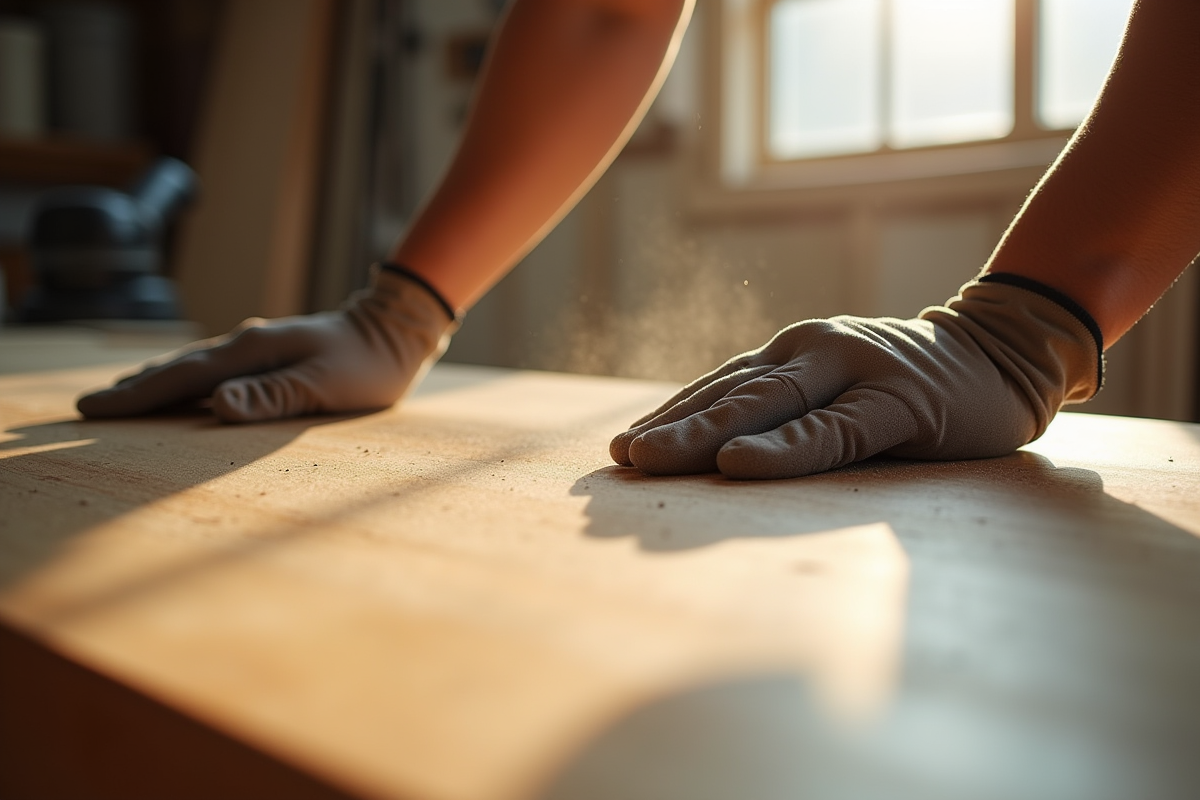 Mains d'artisan en gants sur un plateau en bois sablé