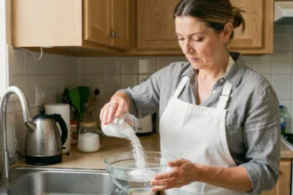 Femme versant de l'acide citrique en poudre dans un bol d'eau près d'un évier de cuisine pour détartrer ses appareils ménagers