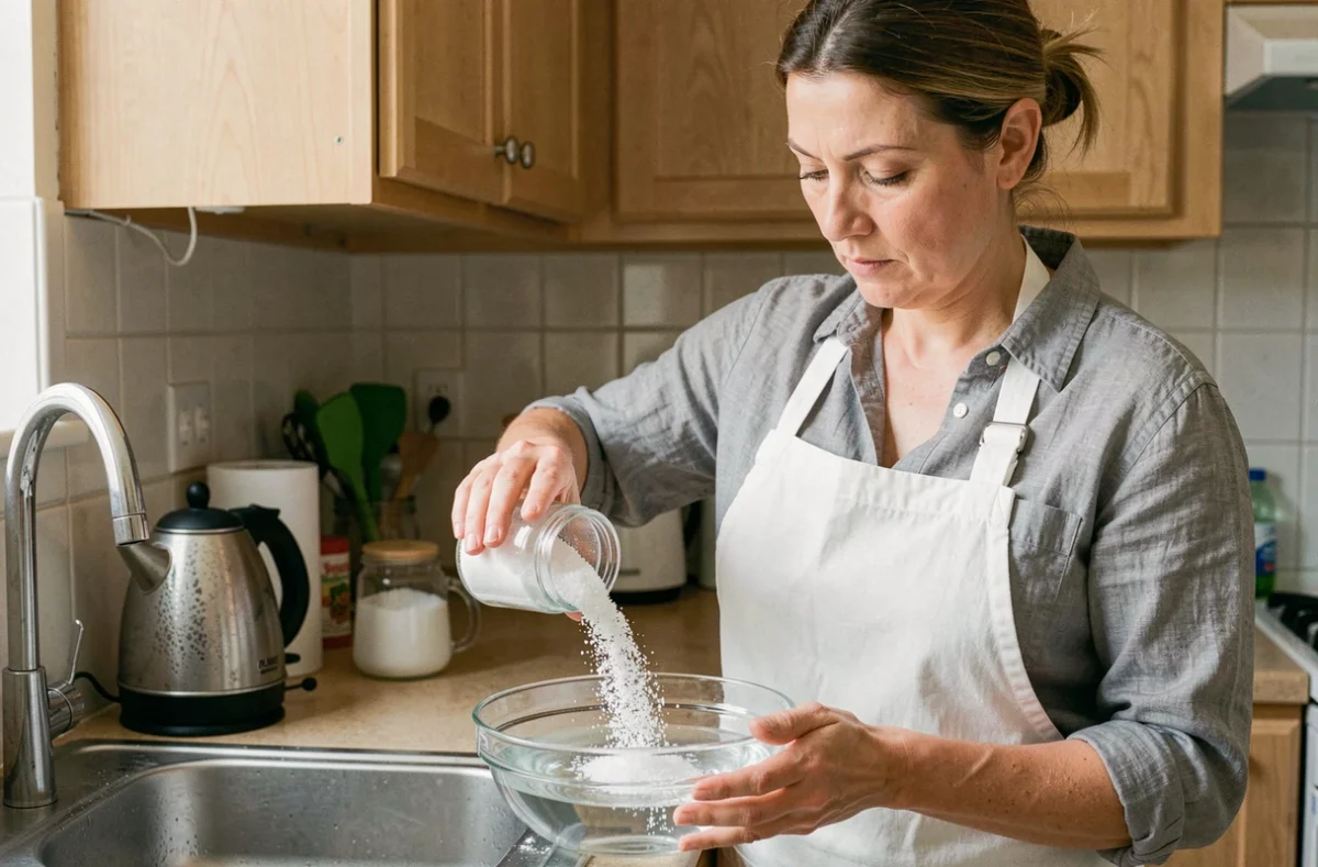 Femme versant de l'acide citrique en poudre dans un bol d'eau près d'un évier de cuisine pour détartrer ses appareils ménagers