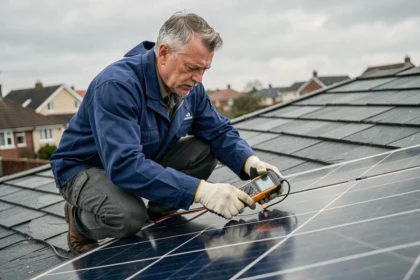 Technicien vérifiant le bon fonctionnement d'un panneau solaire avec un multimètre sur un toit résidentiel