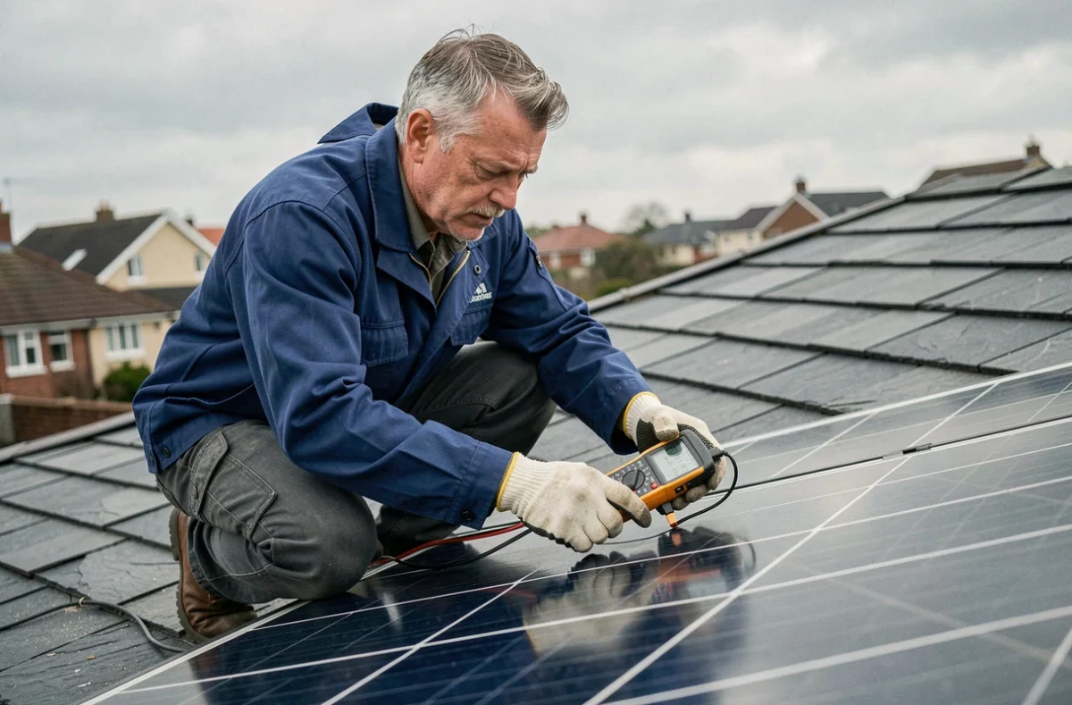 Technicien vérifiant le bon fonctionnement d'un panneau solaire avec un multimètre sur un toit résidentiel