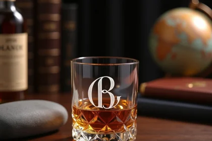 Verre à whiskey personnalisé gravé avec des initiales en monogramme posé sur un bureau en noyer avec une bouteille de scotch ambré