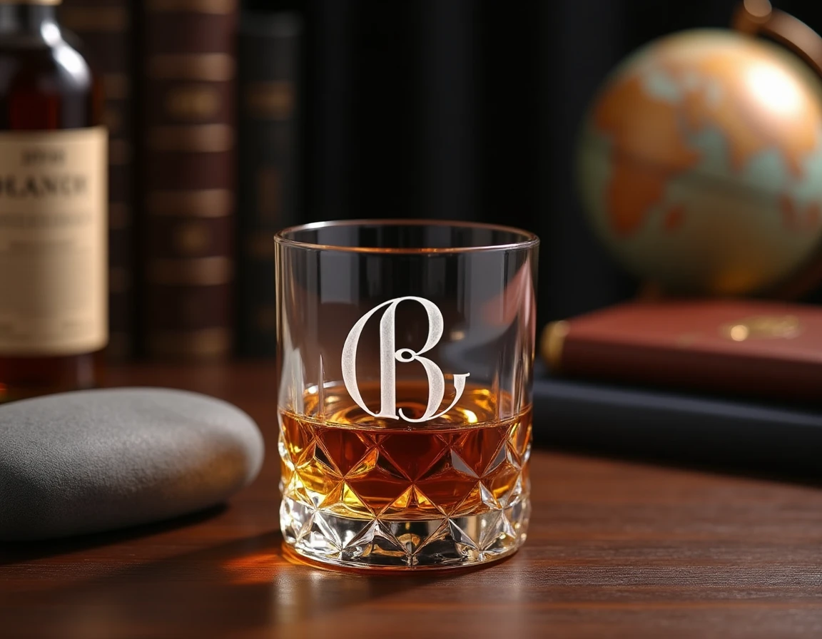 Verre à whiskey personnalisé gravé avec des initiales en monogramme posé sur un bureau en noyer avec une bouteille de scotch ambré