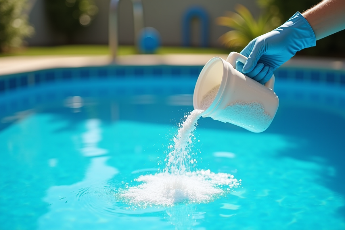Main gantée versant du choc piscine dans l'eau bleue