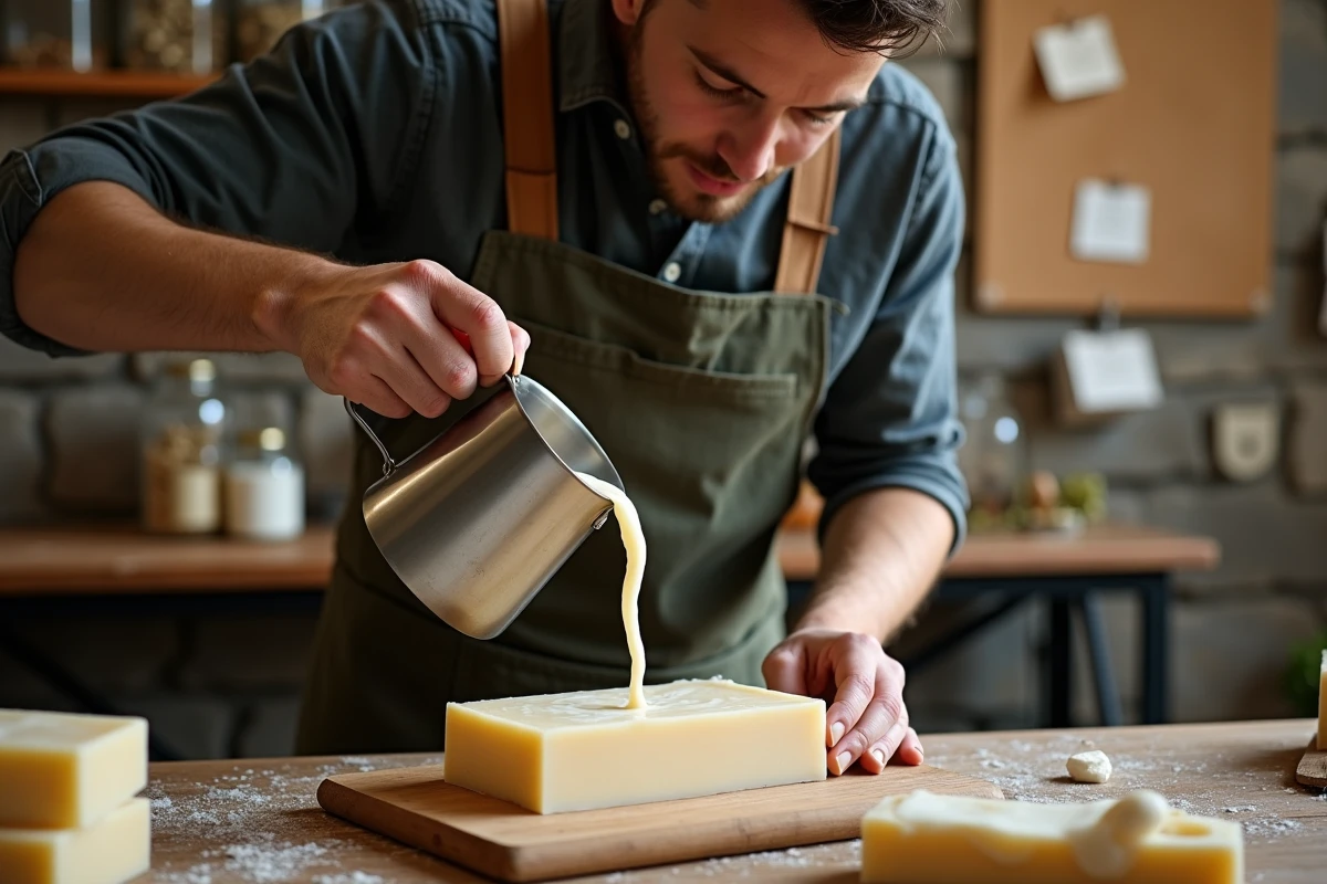 Artisan versant du savon fondu parfumé dans un moule en silicone dans un atelier de savonnerie artisanale avec huiles et botaniques