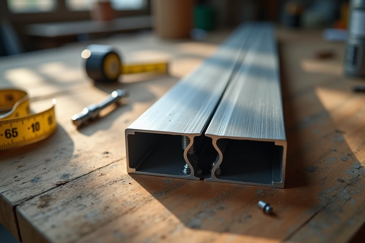 Gros plan sur l'assemblage vissé de deux tubes en aluminium rectangulaires sans déformation