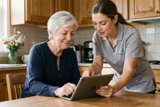Une aide à domicile Wecaza accompagne une senior devant une tablette numérique dans une cuisine chaleureuse