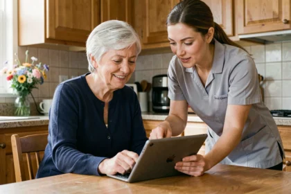 Une aide à domicile Wecaza accompagne une senior devant une tablette numérique dans une cuisine chaleureuse