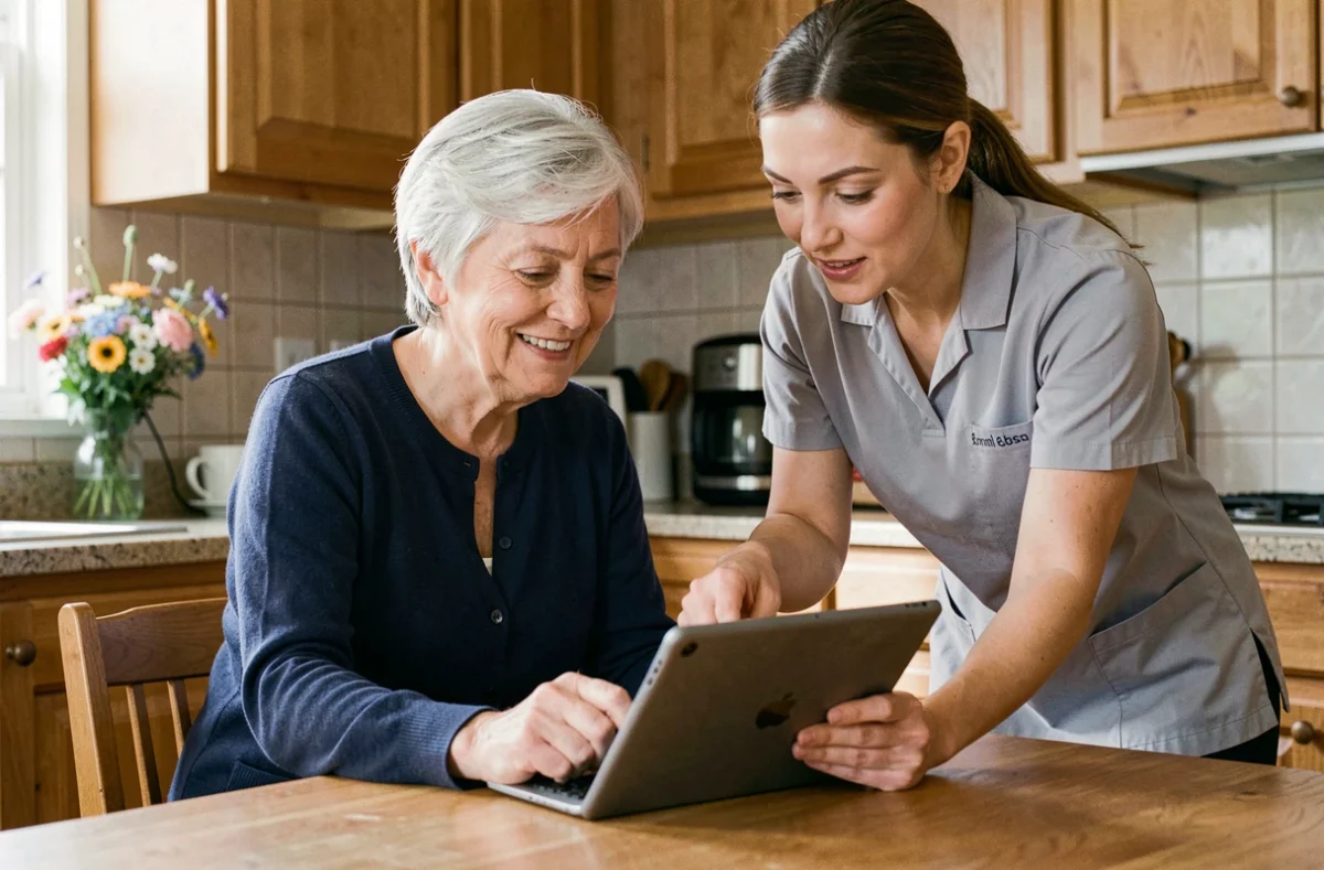 Une aide à domicile Wecaza accompagne une senior devant une tablette numérique dans une cuisine chaleureuse