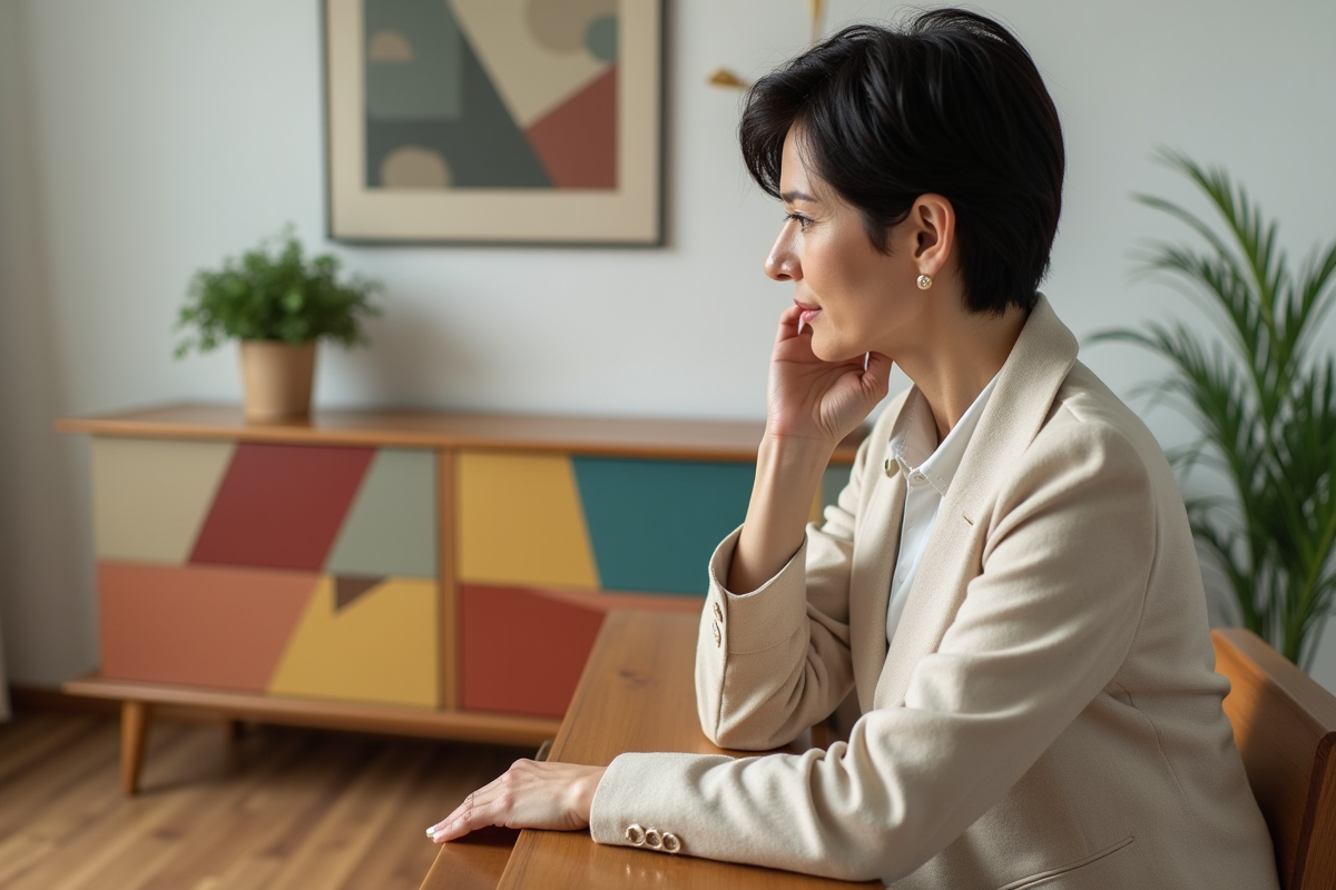 Femme admirant un meuble en bois design dans un salon lumineux