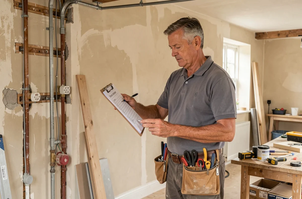 Artisan d'Yves Portal consultant un plan de rénovation tous corps d'état dans une maison en chantier